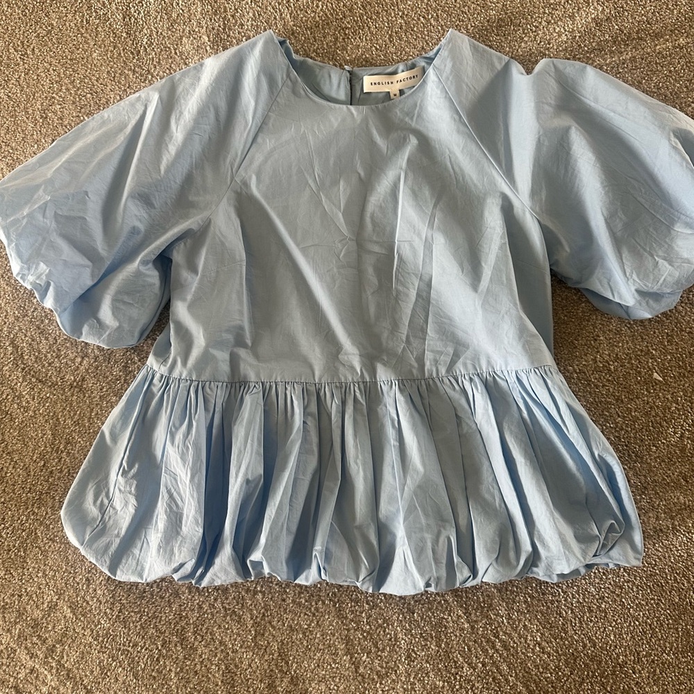 English Factory Blue Peplum Blouse with Puff Sleeves